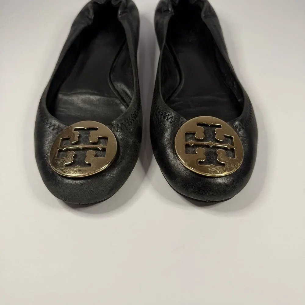 Tory Burch Leather Reva Ballet Flats Shoes Women 6.5 Black Gold Logo